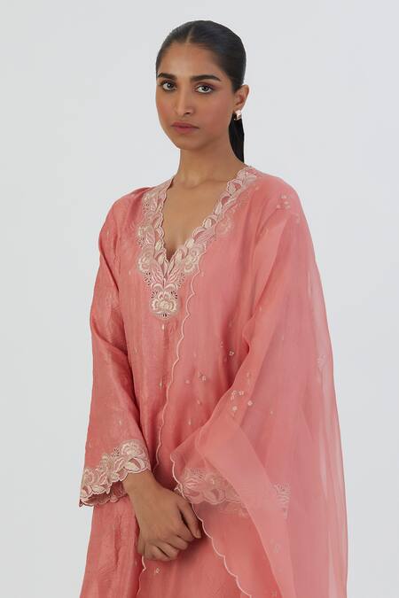 Lajjoo C_Coral Organza Embroidered Thread Priya Dupatta _Online_at_Aza_Fashions