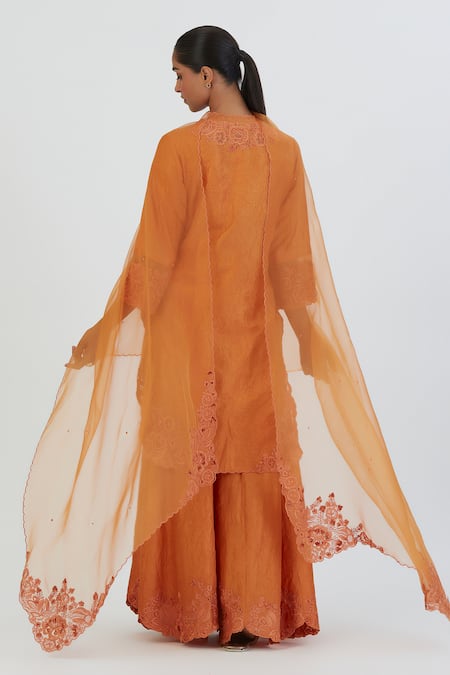 Shop Lajjoo C Orange Organza Embroidered Thread Arshi Dupatta at Aza Fashions Shop_Lajjoo C_Orange Organza Embroidered Thread Arshi Dupatta _at_Aza_Fashions