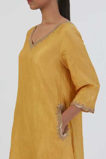 Buy Lajjoo C Yellow Silk Embroidered Thread Scalloped Rati Placement Kurta With Pant Online at Aza Fashions Buy_Lajjoo C_Yellow Silk Embroidered Thread Scalloped Rati Placement Kurta With Pant _Online_at_Aza_Fashions