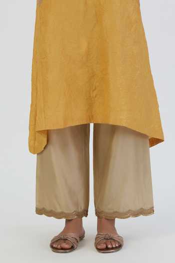 Shop Lajjoo C Yellow Silk Embroidered Thread Scalloped Rati Placement Kurta With Pant Online at Aza Fashions Shop_Lajjoo C_Yellow Silk Embroidered Thread Scalloped Rati Placement Kurta With Pant _Online_at_Aza_Fashions