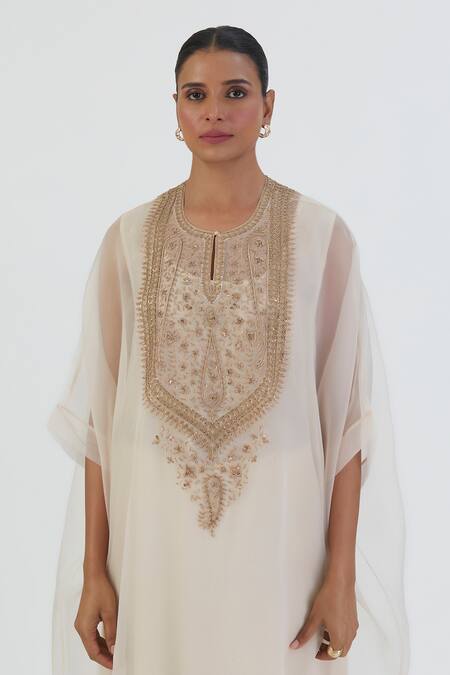 Lajjoo C_White Kurta Organza Embroidered Thread Round Zoya Floral Sheer With Silk Pant _Online_at_Aza_Fashions