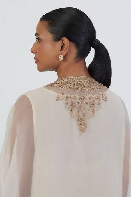 Buy_Lajjoo C_White Kurta Organza Embroidered Thread Round Zoya Floral Sheer With Silk Pant _Online_at_Aza_Fashions