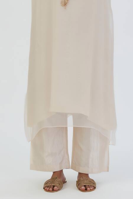 Shop_Lajjoo C_White Kurta Organza Embroidered Thread Round Zoya Floral Sheer With Silk Pant _Online_at_Aza_Fashions