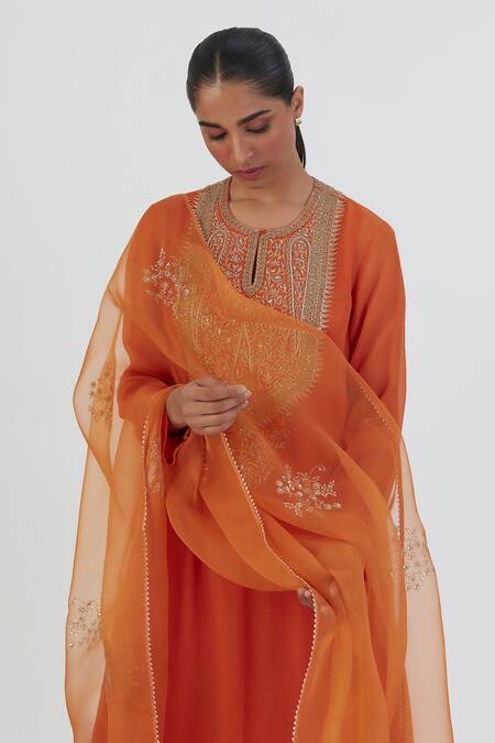 Shop_Lajjoo C_Orange Organza Embroidered Thread Ira Floral Cluster Dupatta _Online_at_Aza_Fashions