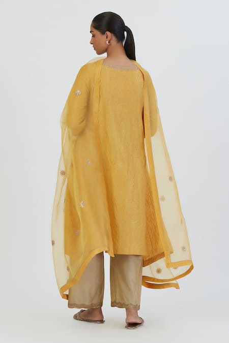 Shop_Lajjoo C_Yellow Organza Embroidered Thread Sitara Floral Dupatta _at_Aza_Fashions