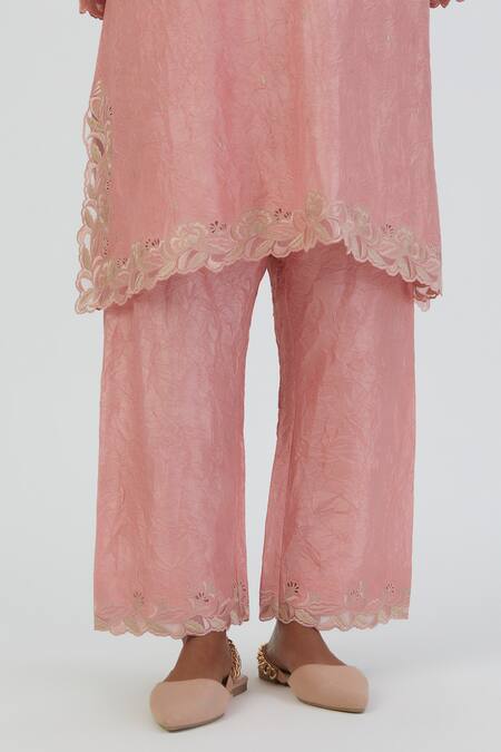 Shop_Lajjoo C_Pink Silk Embroidery Petunia Lace V Naaz Border Kurta With Palazzo _Online_at_Aza_Fashions