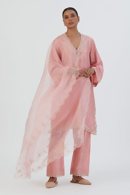 Lajjoo C_Pink Silk Embroidery Petunia Lace V Naaz Border Kurta With Palazzo _at_Aza_Fashions