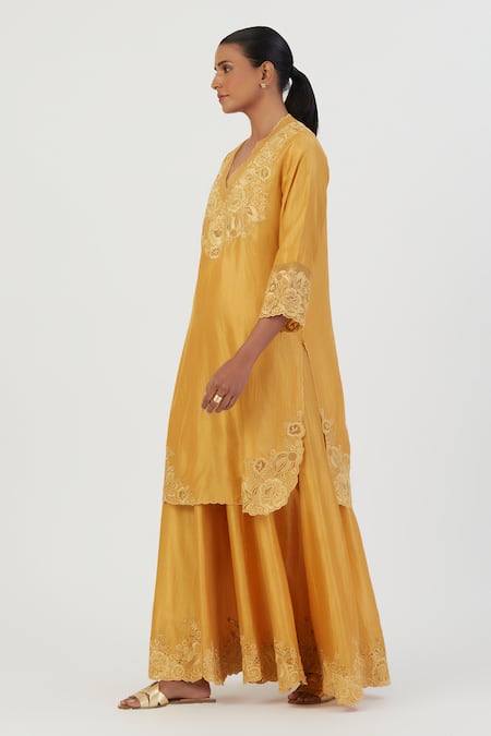 Shop Lajjoo C Yellow Silk Embroidery Buttercup Bloom Scallop V Isha Kurta With Sharara at Aza Fashions Shop_Lajjoo C_Yellow Silk Embroidery Buttercup Bloom Scallop V Isha Kurta With Sharara _at_Aza_Fashions