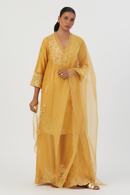 Lajjoo C Yellow Silk Embroidery Buttercup Bloom Scallop V Isha Kurta With Sharara Online at Aza Fashions Lajjoo C_Yellow Silk Embroidery Buttercup Bloom Scallop V Isha Kurta With Sharara _Online_at_Aza_Fashions