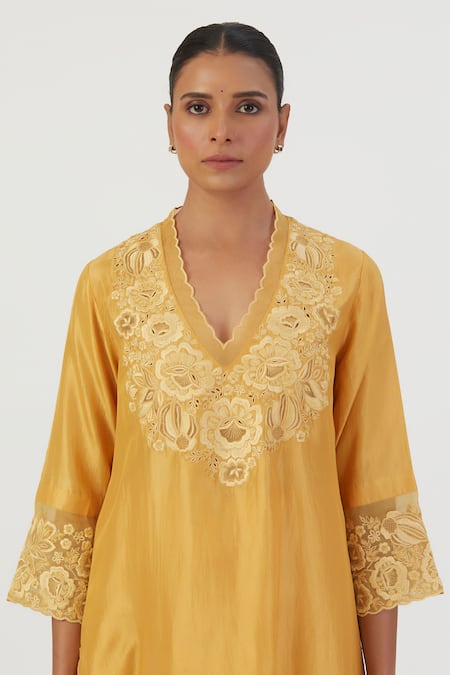 Buy Lajjoo C Yellow Silk Embroidery Buttercup Bloom Scallop V Isha Kurta With Sharara Online at Aza Fashions Buy_Lajjoo C_Yellow Silk Embroidery Buttercup Bloom Scallop V Isha Kurta With Sharara _Online_at_Aza_Fashions
