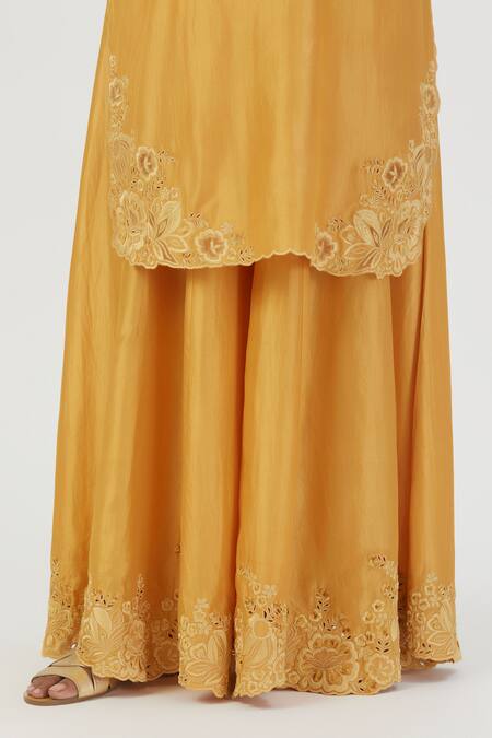 Lajjoo C Yellow Silk Embroidery Buttercup Bloom Scallop V Isha Kurta With Sharara at Aza Fashions Lajjoo C_Yellow Silk Embroidery Buttercup Bloom Scallop V Isha Kurta With Sharara _at_Aza_Fashions