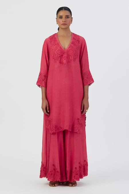 Lajjoo C Pink Silk Embroidery Buttercup Bloom Scallop Isha Camellia Kurta With Sharara