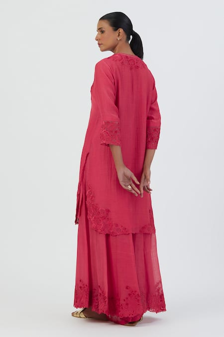 Shop Lajjoo C Pink Silk Embroidery Buttercup Bloom Scallop Isha Camellia Kurta With Sharara at Aza Fashions Shop_Lajjoo C_Pink Silk Embroidery Buttercup Bloom Scallop Isha Camellia Kurta With Sharara _at_Aza_Fashions