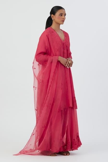 Lajjoo C Pink Silk Embroidery Buttercup Bloom Scallop Isha Camellia Kurta With Sharara Online at Aza Fashions Lajjoo C_Pink Silk Embroidery Buttercup Bloom Scallop Isha Camellia Kurta With Sharara _Online_at_Aza_Fashions