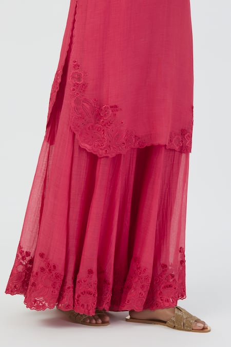 Shop Lajjoo C Pink Silk Embroidery Buttercup Bloom Scallop Isha Camellia Kurta With Sharara Online at Aza Fashions Shop_Lajjoo C_Pink Silk Embroidery Buttercup Bloom Scallop Isha Camellia Kurta With Sharara _Online_at_Aza_Fashions