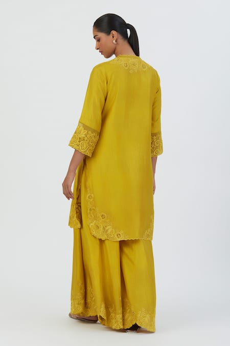Shop Lajjoo C Yellow Silk Embroidery Buttercup Bloom Scallop Isha Zinnia Kurta With Sharara at Aza Fashions Shop_Lajjoo C_Yellow Silk Embroidery Buttercup Bloom Scallop Isha Zinnia Kurta With Sharara _at_Aza_Fashions