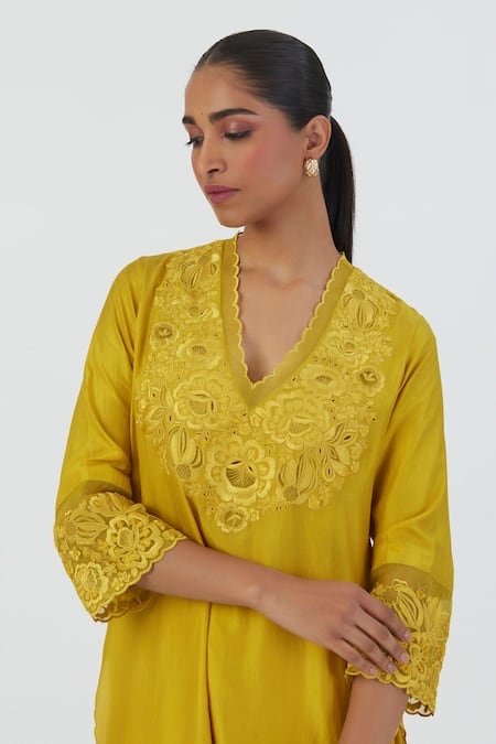Buy Lajjoo C Yellow Silk Embroidery Buttercup Bloom Scallop Isha Zinnia Kurta With Sharara Online at Aza Fashions Buy_Lajjoo C_Yellow Silk Embroidery Buttercup Bloom Scallop Isha Zinnia Kurta With Sharara _Online_at_Aza_Fashions