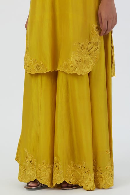 Shop Lajjoo C Yellow Silk Embroidery Buttercup Bloom Scallop Isha Zinnia Kurta With Sharara Online at Aza Fashions Shop_Lajjoo C_Yellow Silk Embroidery Buttercup Bloom Scallop Isha Zinnia Kurta With Sharara _Online_at_Aza_Fashions