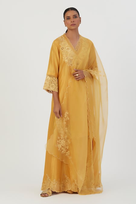 Lajjoo C Yellow Organza Embroidery Ditsy Dot Nira Florence Dupatta