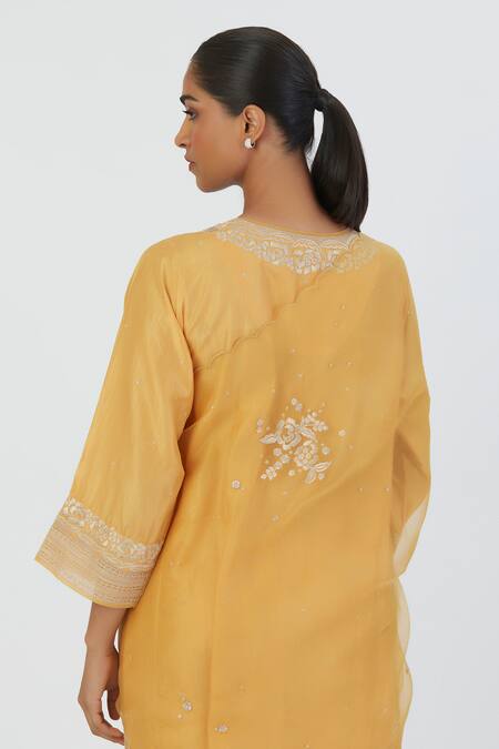 Lajjoo C_Orange Organza Embroidery Floral Dust Zira Blossom Dupatta _Online_at_Aza_Fashions
