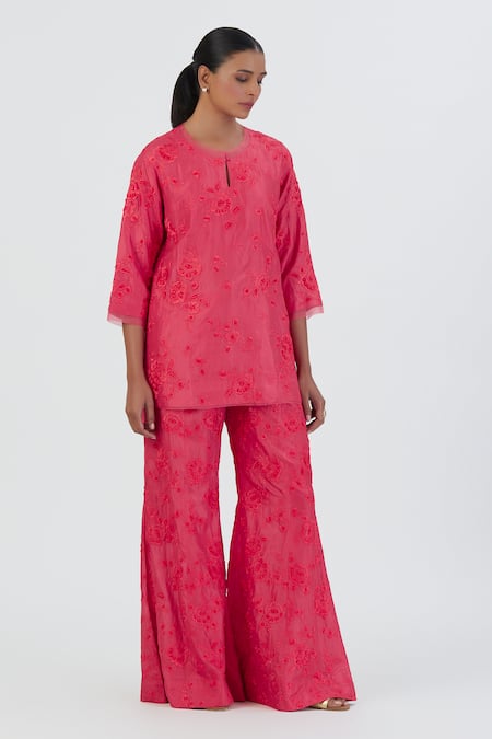 Lajjoo C Pink Silk Embroidered Thread Round Karishma Kurta And Pant Set