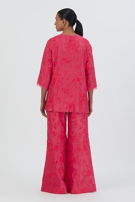 Shop Lajjoo C Pink Silk Embroidered Thread Round Karishma Kurta And Pant Set at Aza Fashions Shop_Lajjoo C_Pink Silk Embroidered Thread Round Karishma Kurta And Pant Set _at_Aza_Fashions