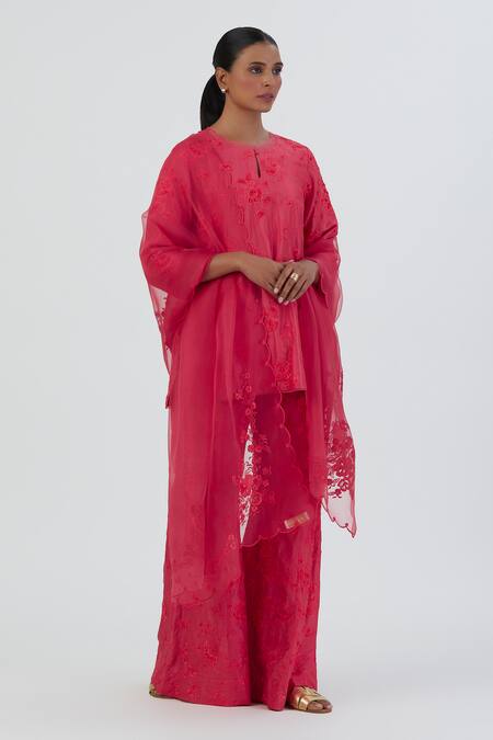 Lajjoo C Pink Silk Embroidered Thread Round Karishma Kurta And Pant Set Online at Aza Fashions Lajjoo C_Pink Silk Embroidered Thread Round Karishma Kurta And Pant Set _Online_at_Aza_Fashions