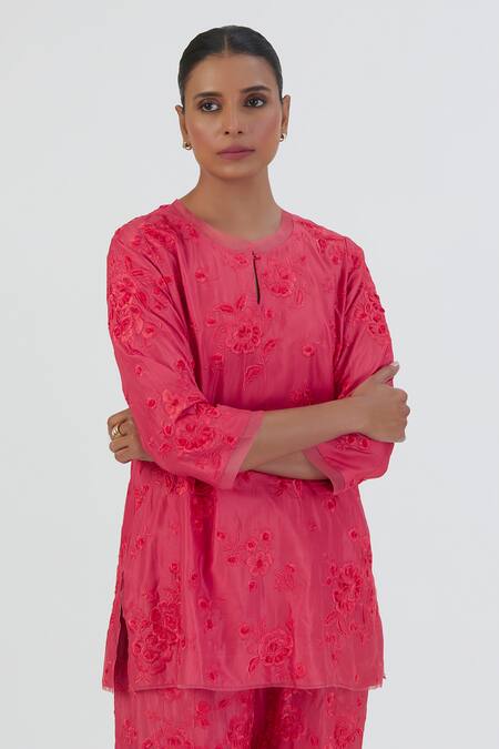 Buy Lajjoo C Pink Silk Embroidered Thread Round Karishma Kurta And Pant Set Online at Aza Fashions Buy_Lajjoo C_Pink Silk Embroidered Thread Round Karishma Kurta And Pant Set _Online_at_Aza_Fashions