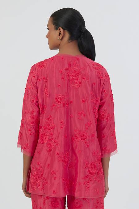 Shop Lajjoo C Pink Silk Embroidered Thread Round Karishma Kurta And Pant Set Online at Aza Fashions Shop_Lajjoo C_Pink Silk Embroidered Thread Round Karishma Kurta And Pant Set _Online_at_Aza_Fashions