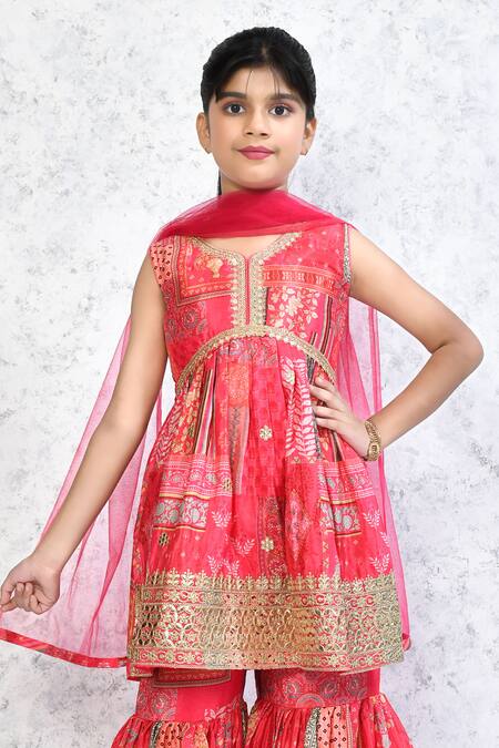 Petite Pomme_Red Silk, Net Zari, Embroidery Floral Mandala Print Tunic Gharara Set_Online_at_Aza_Fashions