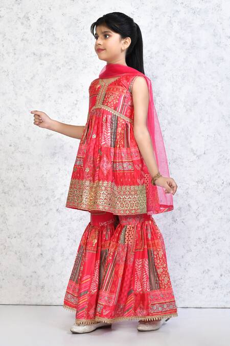 Shop_Petite Pomme_Red Silk, Net Zari, Embroidery Floral Mandala Print Tunic Gharara Set_Online_at_Aza_Fashions