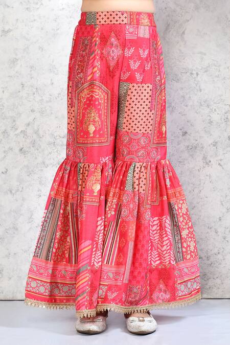 Petite Pomme_Red Silk, Net Zari, Embroidery Floral Mandala Print Tunic Gharara Set_at_Aza_Fashions