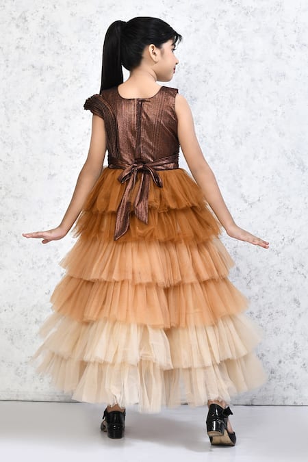 Shop_Samyukta Singhania_Gold Net Embroidery Ombre Frilled Gown _at_Aza_Fashions