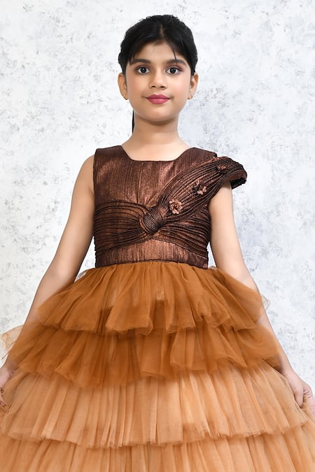 Samyukta Singhania_Gold Net Embroidery Ombre Frilled Gown _Online_at_Aza_Fashions