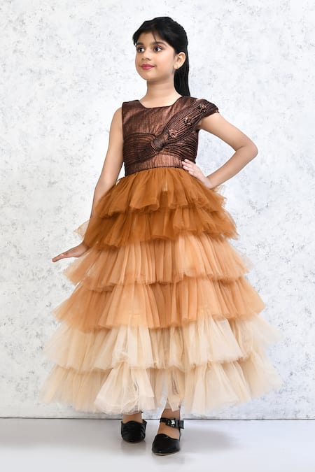 Buy_Samyukta Singhania_Gold Net Embroidery Ombre Frilled Gown _Online_at_Aza_Fashions