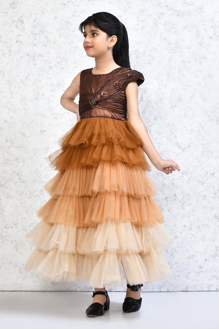 Shop_Samyukta Singhania_Gold Net Embroidery Ombre Frilled Gown _Online_at_Aza_Fashions
