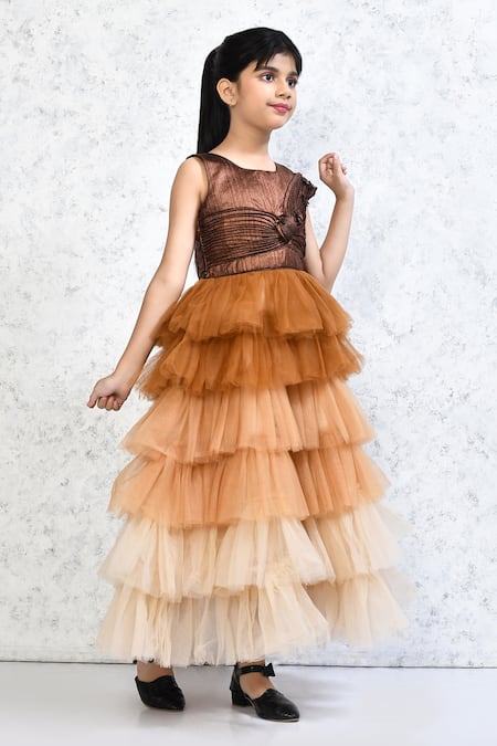 Samyukta Singhania_Gold Net Embroidery Ombre Frilled Gown _at_Aza_Fashions