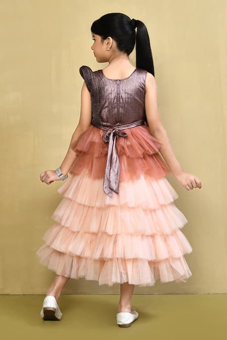 Shop_Samyukta Singhania_Orange Net Embroidery Layered Ombre Gown With Floral Embellishments _at_Aza_Fashions