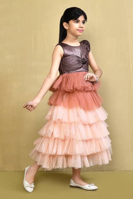 Samyukta Singhania_Orange Net Embroidery Layered Ombre Gown With Floral Embellishments _at_Aza_Fashions