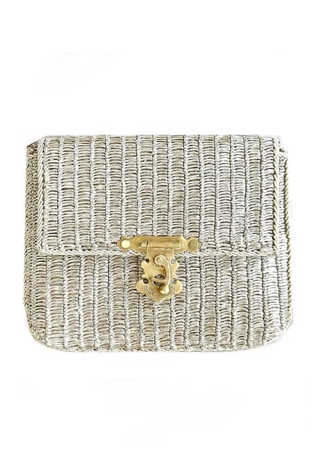 Kokommo Silver Hand Embroidery Amora Metallic Woven Pattern Clutch 