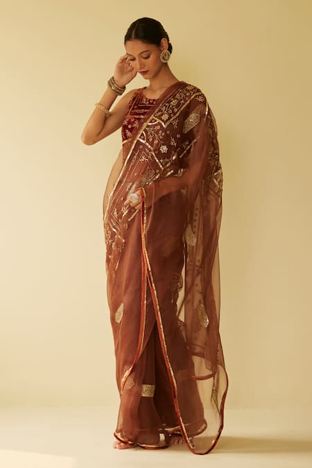 Sarang Kaur Brown Saree Organza Hand Embroidered Meera With Unstitched Blouse Piece 