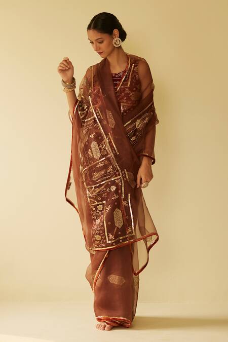 Sarang Kaur_Brown Organza, Velvet, Silk Embroidery Meera Saree With Unstitched Blouse Piece _Online_at_Aza_Fashions