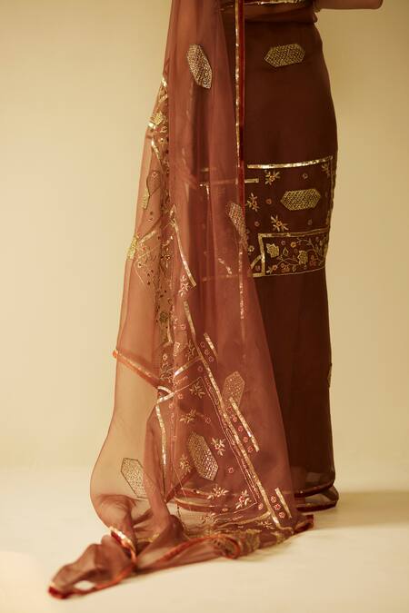 Buy_Sarang Kaur_Brown Organza, Velvet, Silk Embroidery Meera Saree With Unstitched Blouse Piece _Online_at_Aza_Fashions