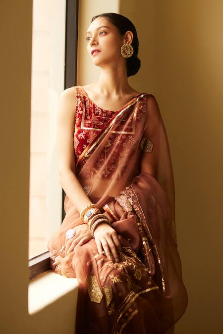 Shop_Sarang Kaur_Brown Organza, Velvet, Silk Embroidery Meera Saree With Unstitched Blouse Piece _Online_at_Aza_Fashions