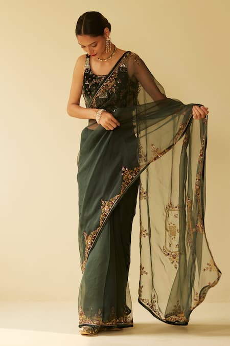 Sarang Kaur Green Saree Organza Hand Embroidered Dareecha With Unstitched Blouse Piece 