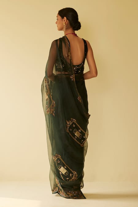 Shop Sarang Kaur Green Organza, Velvet Embroidery Dareecha Saree With Unstitched Blouse Piece at Aza Fashions Shop_Sarang Kaur_Green Organza, Velvet Embroidery Dareecha Saree With Unstitched Blouse Piece _at_Aza_Fashions