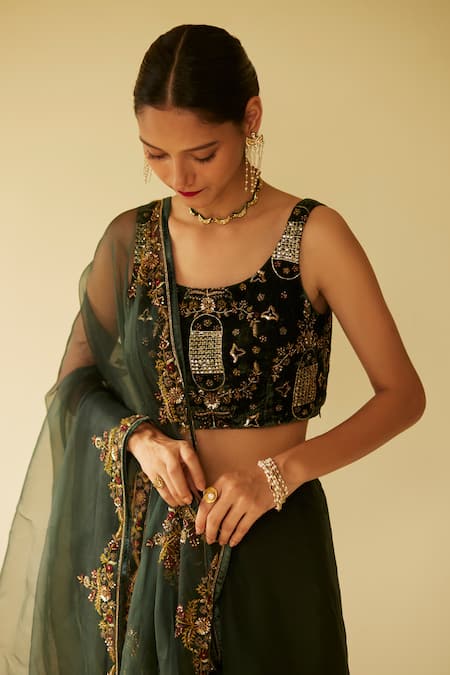Sarang Kaur Green Organza, Velvet Embroidery Dareecha Saree With Unstitched Blouse Piece Online at Aza Fashions Sarang Kaur_Green Organza, Velvet Embroidery Dareecha Saree With Unstitched Blouse Piece _Online_at_Aza_Fashions