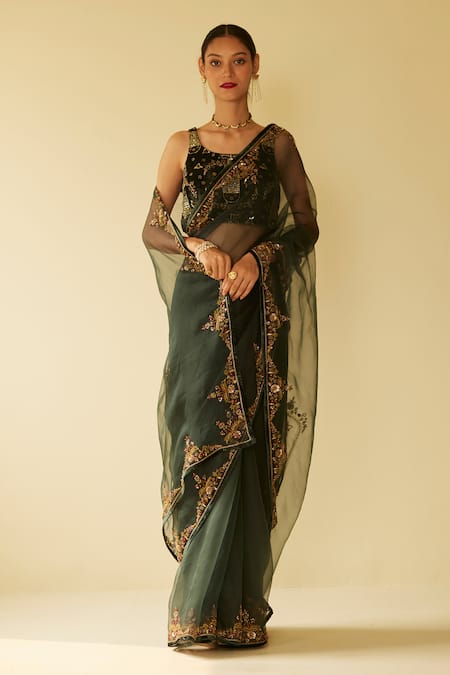 Buy Sarang Kaur Green Organza, Velvet Embroidery Dareecha Saree With Unstitched Blouse Piece Online at Aza Fashions Buy_Sarang Kaur_Green Organza, Velvet Embroidery Dareecha Saree With Unstitched Blouse Piece _Online_at_Aza_Fashions