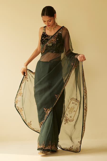 Shop Sarang Kaur Green Organza, Velvet Embroidery Dareecha Saree With Unstitched Blouse Piece Online at Aza Fashions Shop_Sarang Kaur_Green Organza, Velvet Embroidery Dareecha Saree With Unstitched Blouse Piece _Online_at_Aza_Fashions