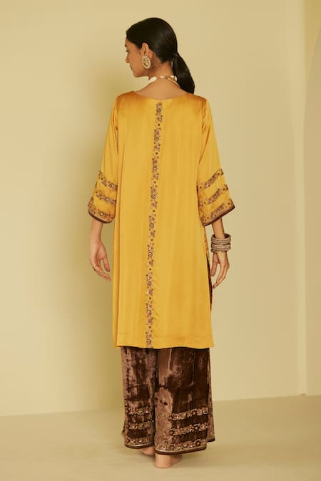 Shop Sarang Kaur Yellow Satin, Silk, Velvet Embroidery V-neck Arya Hand Kurta And Pant Set at Aza Fashions Shop_Sarang Kaur_Yellow Satin, Silk, Velvet Embroidery V-neck Arya Hand Kurta And Pant Set _at_Aza_Fashions